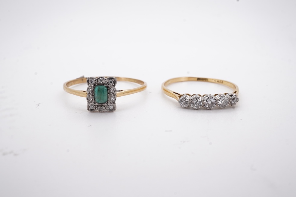 An 18ct and plat. five stone diamond set half hoop ring, size V together with a yellow metal emerald and diamond set tablet ring, size Z+++, gross weight 4.5 grams. Condition - fair